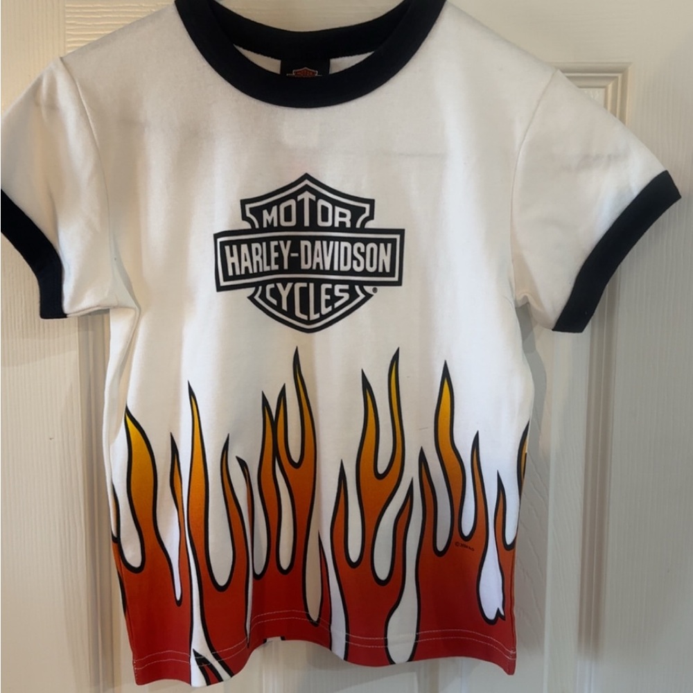 Harley-Davidson White Tee with Black Trim and Orange-Red Flame Graphic